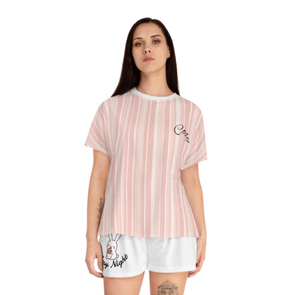 Cozy Nights Women's Short Pajama Set — Pink Striped Sleepwear with Bunny 'Cozy Night' Design