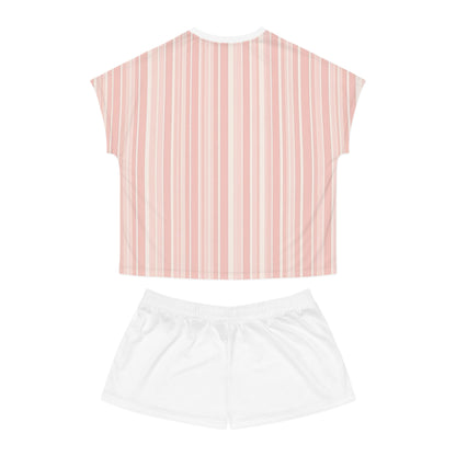 Cozy Nights Women's Short Pajama Set — Pink Striped Sleepwear with Bunny 'Cozy Night' Design