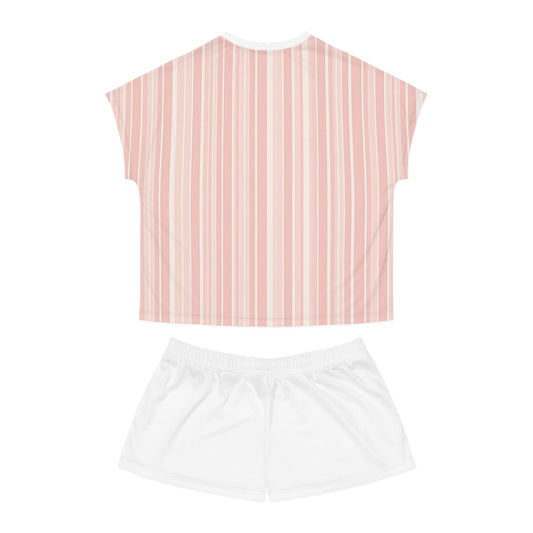 Cozy Nights Women's Short Pajama Set — Pink Striped Sleepwear with Bunny 'Cozy Night' Design