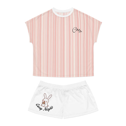 Cozy Nights Women's Short Pajama Set — Pink Striped Sleepwear with Bunny 'Cozy Night' Design