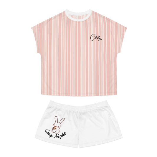 Cozy Nights Women's Short Pajama Set — Pink Striped Sleepwear with Bunny 'Cozy Night' Design