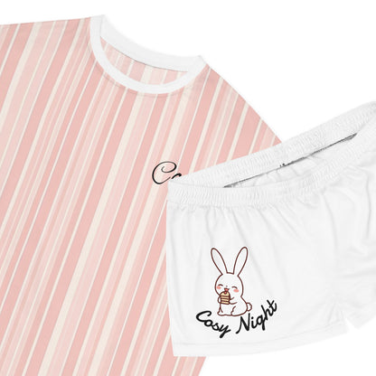 Cozy Nights Women's Short Pajama Set — Pink Striped Sleepwear with Bunny 'Cozy Night' Design