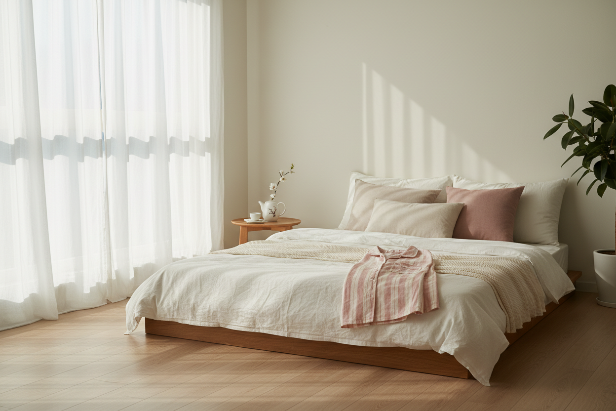 Serene bedroom morning scene with pink striped pajamas